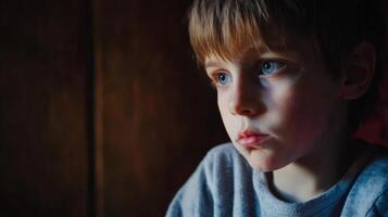 Young boy with thoughtful expression sitting indoors in soft light near window photo