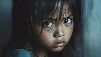 Expression of loneliness in a young girl captured in a dimly lit room during evening hours photo