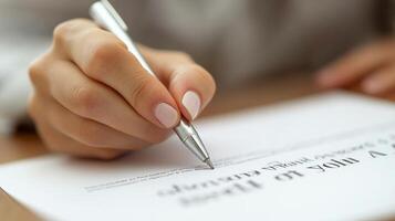 Individual writing with a pen on paper during a focused work session in a calm office environment photo