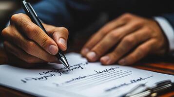 Signing a contract with focus on hands and document in an office setting during daytime photo