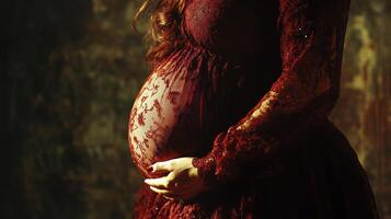 Expectant mother wearing a lace dress poses gracefully in a dimly lit room highlighting her baby bump photo