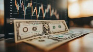 Currency notes in front of a stock market chart indicating financial trends at dusk in a trading environment photo