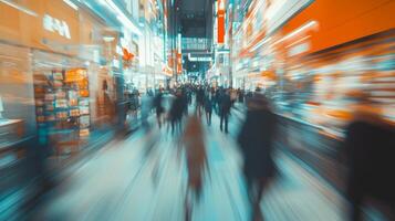 Busy urban street in Tokyo during nighttime with vibrant lights and crowds of people in motion photo
