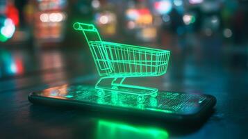 Virtual shopping cart displayed on smartphone screen in a vibrant, modern retail environment showcasing digital innovation photo