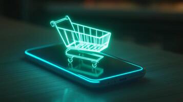 Digital shopping experience with neon shopping cart on smartphone screen at night photo