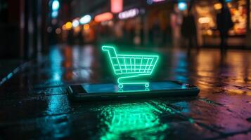 Bright green shopping cart symbol glowing above smartphone on a wet street at night photo