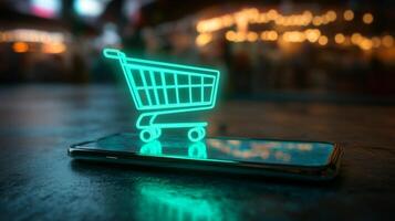 Digital shopping cart icon displayed on a smartphone against a blurred background of lights in an indoor market photo