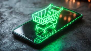 Shopping cart graphic displayed on smartphone screen illustrating online shopping concept photo