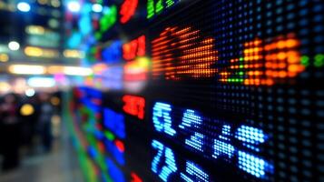 Stock market display shows financial data and trading activity in a busy financial district during early evening hours photo