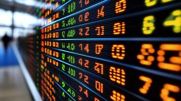 Stock market display board shows real-time trading data in a bustling financial district photo