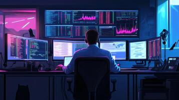 Data analyst working late at night in a modern office surrounded by multiple computer screens displaying charts and code photo