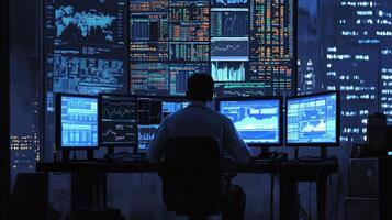 Trader analyzing financial data on multiple screens in a modern office setting at night photo