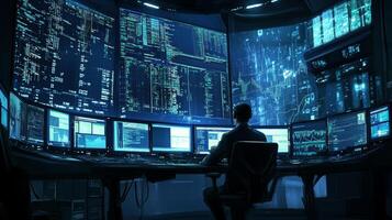 Data analyst working in a high-tech control room filled with multiple computer screens and data visualizations photo