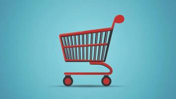 Red shopping cart with a minimalist design on a vibrant blue background representing retail and consumerism photo