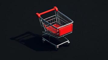 Shopping cart on a dark background with a minimalist design featuring red details and shadows photo