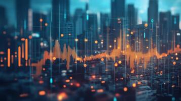 Digital sound wave visualization over a bustling city skyline at dusk showcasing technology and urban life photo