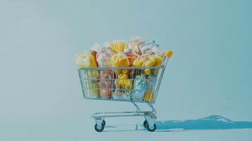 Grocery cart filled with fresh produce, packaged goods, and beverages against a light blue background photo
