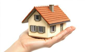 Hand holding a miniature house representing home ownership and real estate investment opportunities photo