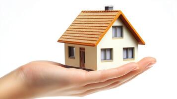 Model house held by a hand representing home ownership concept and dreams of a new beginning photo