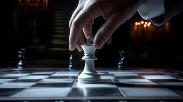 Close-up of a hand making a strategic move with a white king chess piece in a dimly lit room photo