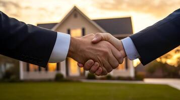 Business agreement takes place in front of a charming home during a warm golden hour photo