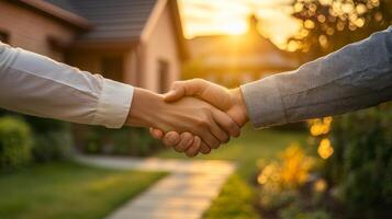 Two individuals shake hands during a sunset outside a residential home in a peaceful neighborhood garden setting photo