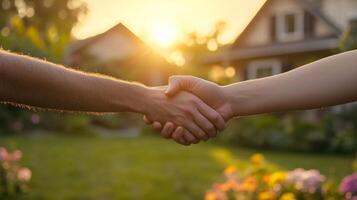 Handshake between two individuals at sunset near a home surrounded by flowers and greenery photo