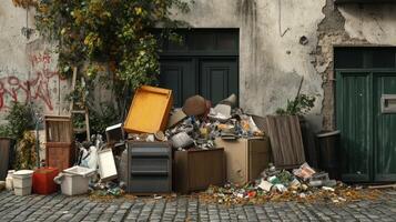 Pile of debris and litter building up against a building in an urban area during daylight hours photo