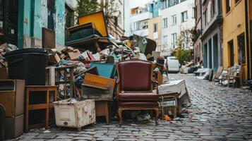 Street clutter in urban area showcases discarded furniture and items on cobblestone pathway photo