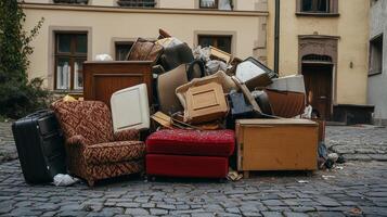 Unwanted furniture and debris piled in urban alleyway during daylight photo
