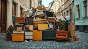 Community cleanup effort reveals large pile of discarded furniture and waste in city alleyway during daytime photo