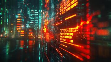 Vibrant digital cityscape showcasing data flow and futuristic architecture at night photo