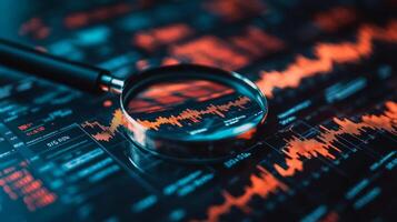 Analyzing stock market trends with a magnifying glass on financial data charts and graphs photo