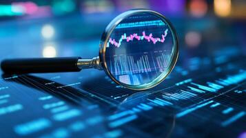 Data analysis using a magnifying glass on stock market charts at a technology office photo