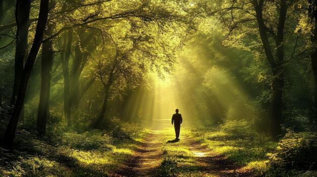Sunlight filters through trees while a person walks along a forest path in the early morning hours photo