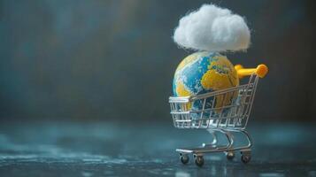 Global shopping concept with a miniature earth in a cart and a fluffy cloud above during a creative still life session photo