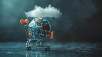 Global shopping cart transports the Earth under a floating cloud in a creative illustration photo