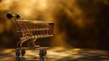 Shopping cart illuminated by warm light on a reflective surface creating a striking visual photo