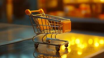 Miniature shopping cart on a reflective surface with warm lighting creating a cozy atmosphere photo