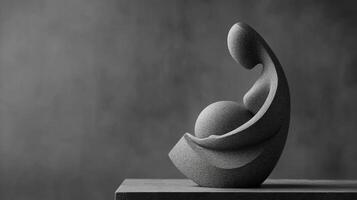 Abstract sculpture of a nurturing figure embracing a sphere on a textured surface in soft lighting photo