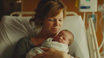 New mother cherishes first moments with newborn in hospital room photo
