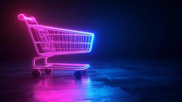 Neon shopping cart illuminated in vibrant pink and blue colors set against a dark background photo