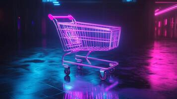 Vibrant shopping cart illuminated by neon lights in an urban setting at night photo