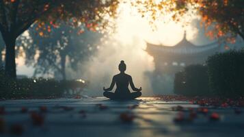 Tranquil meditation practice in a serene garden at dawn with gentle autumn leaves falling photo