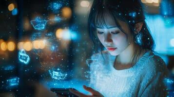 Young woman interacting with a smartphone in a modern setting surrounded by digital icons at evening photo