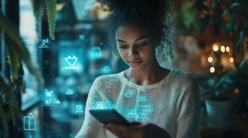 Woman interacting with a smartphone displaying digital icons in a cozy indoor environment photo