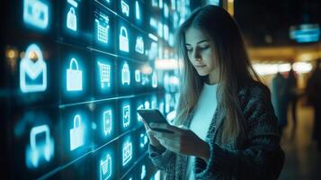 Young woman engaging with mobile device in front of illuminated digital icons at a modern tech space during evening hours photo