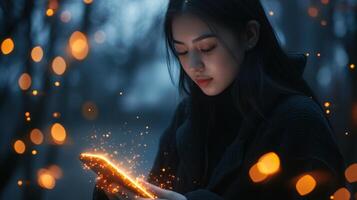 Young woman engaged in phone activity during twilight with glowing sparkles in a serene outdoor setting photo