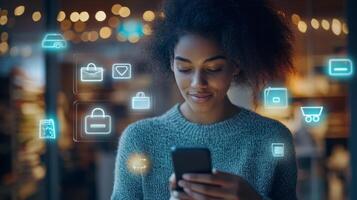 Young woman engages with digital shopping icons while using smartphone in cozy indoor setting photo