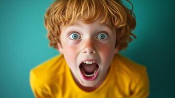 Excited child expressing joy with wide eyes and open mouth against a vibrant teal background in a playful indoor setting photo